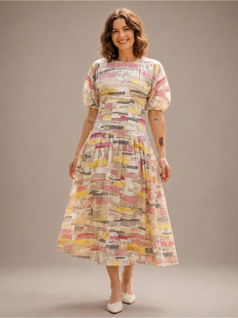 Moon River Sz M Colorful Pastel Puff Sleeves Poplin Open Back Maxi Dress